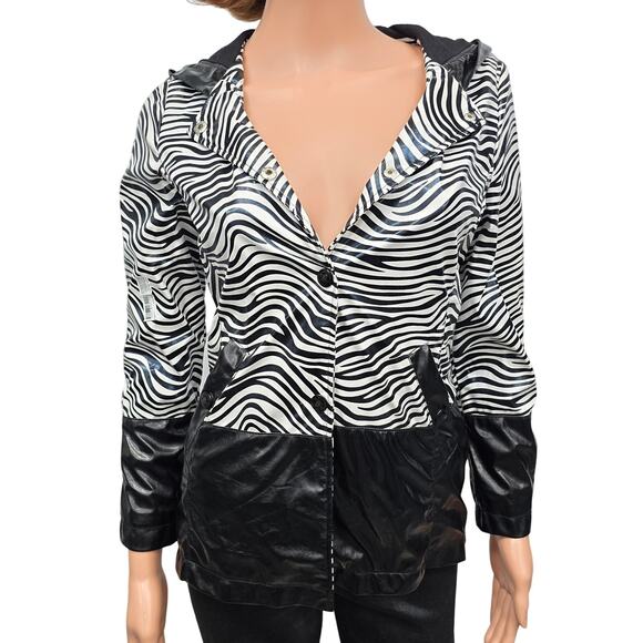 Dollhouse Hooded Rain Jacket Zebra Animal Print Elbow Patch S/M Black White - Picture 2 of 11